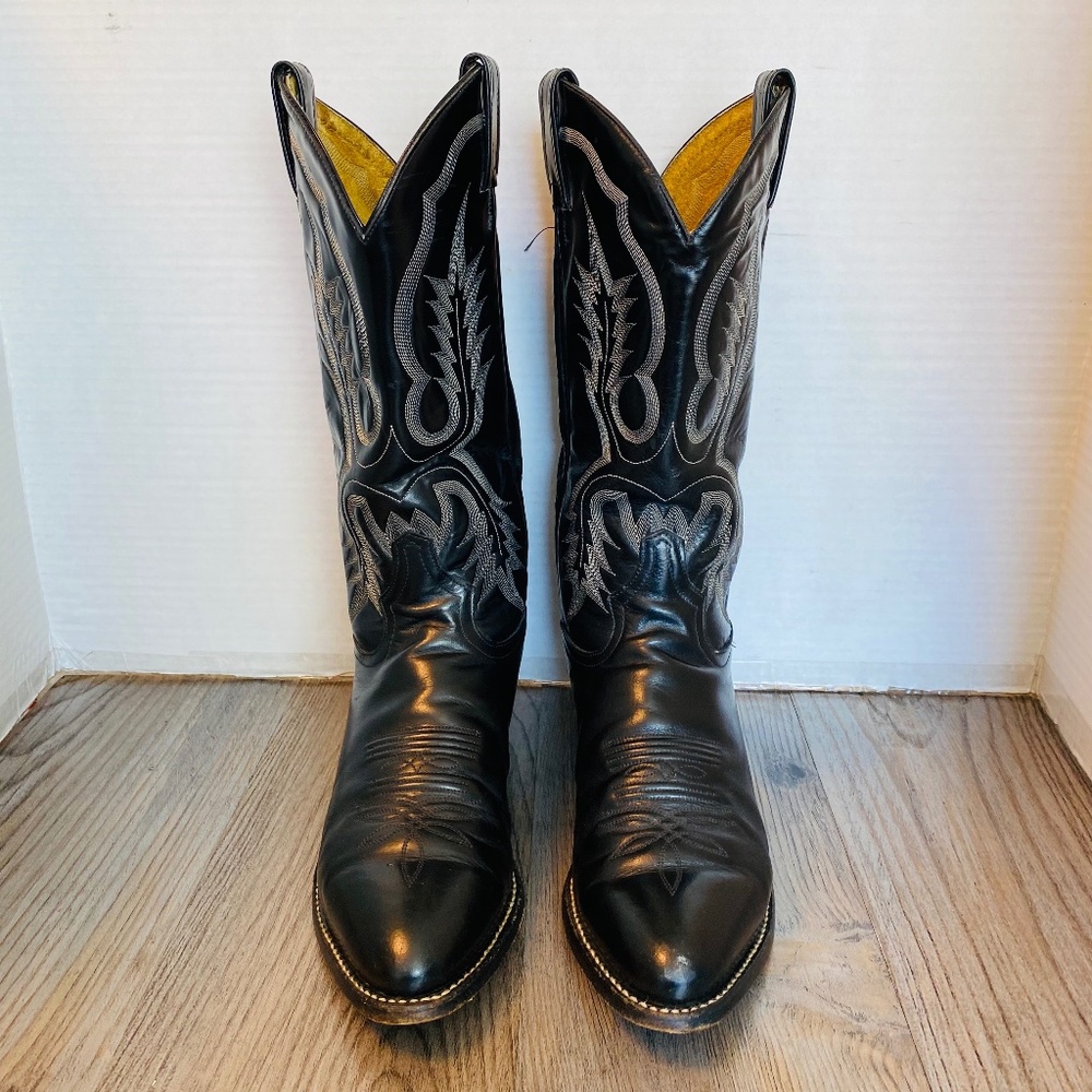 Vintage Tony Lama Mens Black Longhorn Leather Western Boots, 9 D.